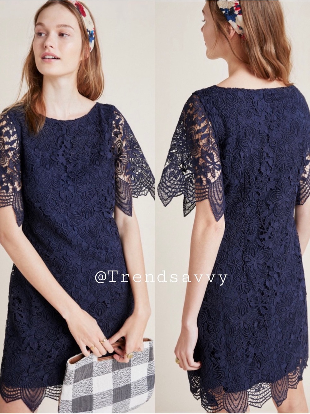 Anthropologie Navy Lace Scalloped Mini Dress Sheer Sleeve 2 NWT